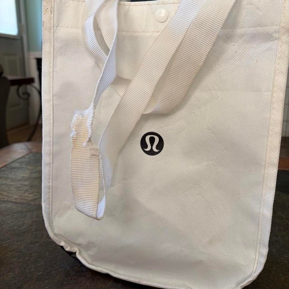 Lululemon Reusable Shopping Tote Bag Small White Black Logo Snap Closure Shopper
